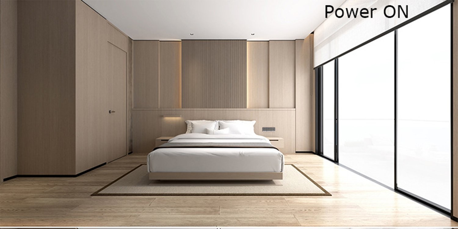 PDLC smart film in bedroom — Power ON, frosted state