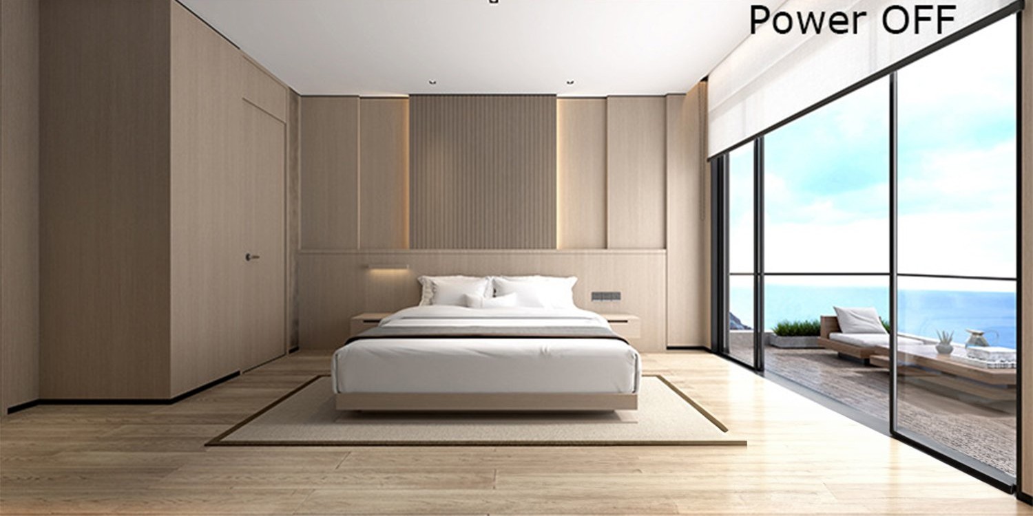 PDLC smart film in bedroom — Power OFF, clear state