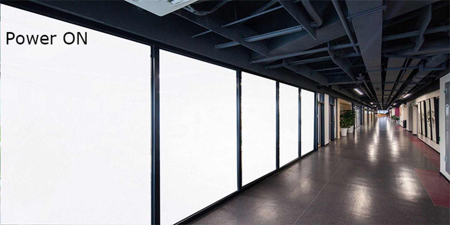 PDLC smart film in office corridor — Power ON, frosted state
