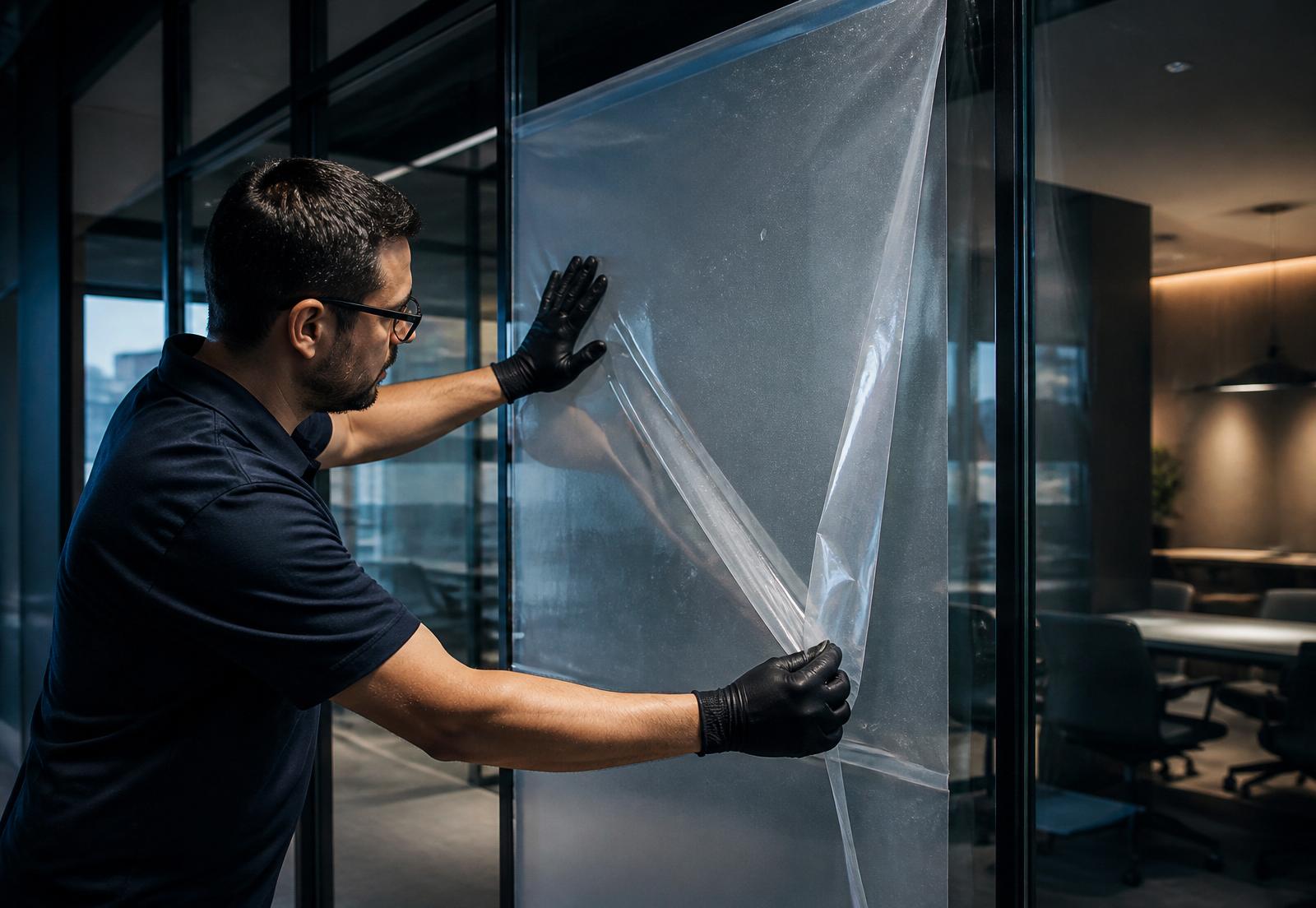 Certified installer applying Frostek smart film to a commercial glass partition