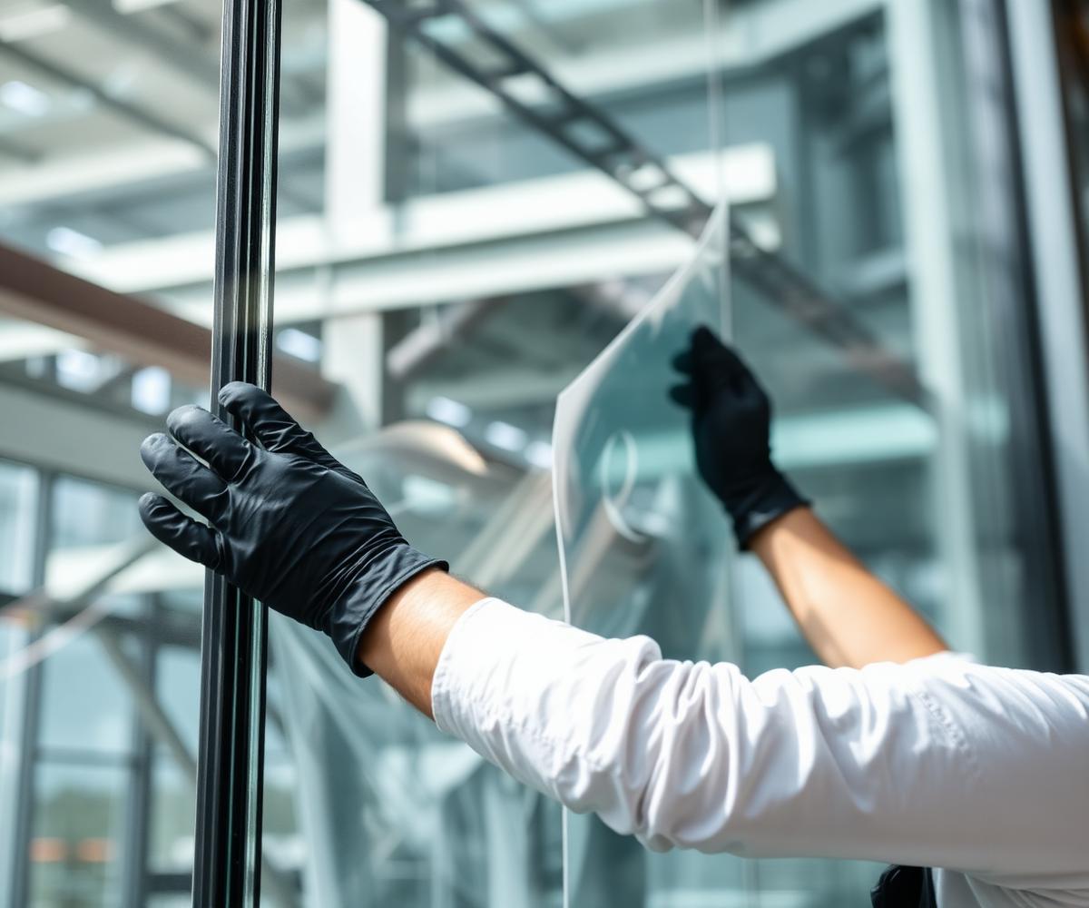 Professional installer applying Frostek smart film to architectural glass