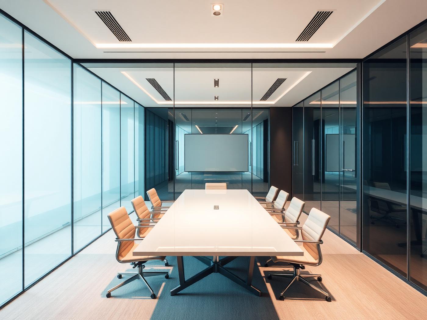 Modern glass-walled conference room using Frostek smart film